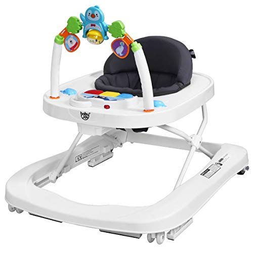 BABY JOY Baby Walker 2 in 1 Foldable Activity Behind Walker with Adjustable Height Speed Friction Control Functions Safety Belt High Back Padded Seat Music Detachable Penguin Play Bar Gray 0 belly baby and beyond
