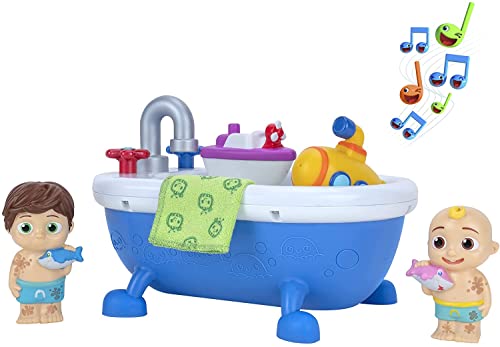 CoComelon Musical Bathtime Playset Plays Clips of The Bath Song Features 2 Color Change Figures JJ Tomtom 2 Toy Bath Squirters Cleaning Cloth Toys for Kids Toddlers and Preschoolers 0 belly baby and beyond