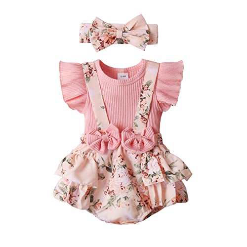 Newborn Baby Girl Clothes Infant Romper Floral Suspender Dress Ruffle Sleeve Onesie Outfit Jumpsuit Headband Spring Summer 0 belly baby and beyond