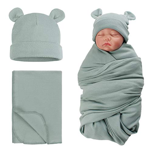 PESAAT Cotton Baby Swaddle Hat Set Newborn Infant Hats Receiving Blankets for Baby Boys Girls 0 belly baby and beyond