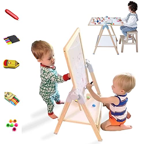 QZMTOY Kids Art Easel Deluxe Standing Easel Set Adjustable Art Table Magnetic Dry Erase BoardChalkboard Double Sided Stand 360Rotating Drawing Easels with Art Supplies Adjust Height 28 39in 0 belly baby and beyond