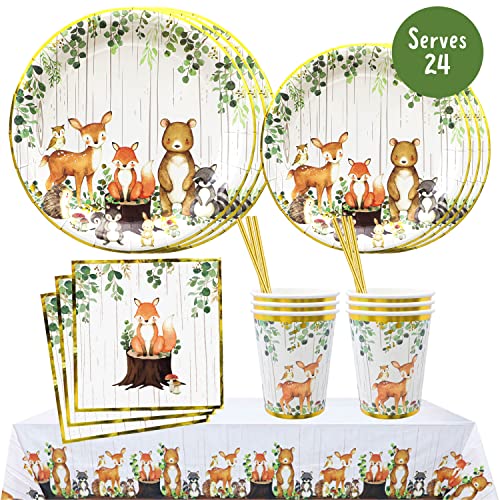 121Pc Woodland Creatures Theme Baby Shower Decorations Birthday Party Supplies For Boy Girl Tablecloth Paper Plates Napkins Straws Cups of Forest Animal Friends Fox Deer Tableware Set Serves 24 0 belly baby and beyond