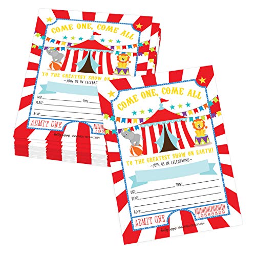 25 Carnival Circus Elephant Lion Carousel Ticket Striped Kids Birthday Party Invitation Vintage Themed Girl or Boy Invite Idea Baby Shower Children or Toddler Bday Card Printable Template Supplies 0 belly baby and beyond