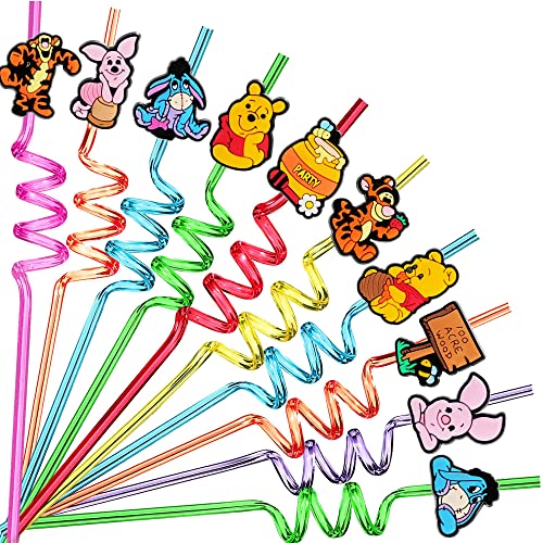 25Pcs Winnie Party Favors Reusable Drinking Straws 10 Designs Bear Cartoon Birthday Party Supplies with 2 Cleaning Brush 0 belly baby and beyond