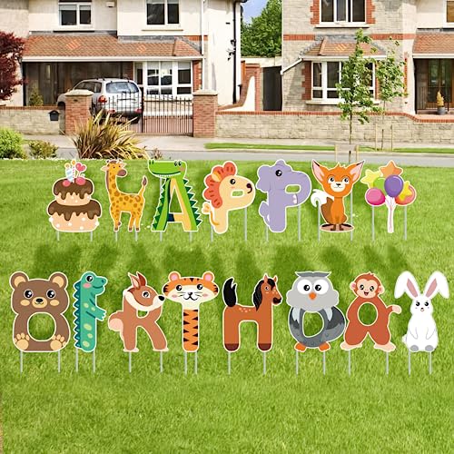 AerWo 15 Pieces Jungle Safari Party Birthday Yard Signs Animals Happy Birthday Yard Signs Kids Boys Wild One 1st First Theme Birthday DecorationsBaby ShowerZoo Tropical Tribal Theme Party 0 belly baby and beyond