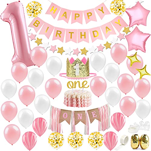 Baby Girl First Birthday Decorations 1st Birthday Girl Decoration Pink Gold Party Supplies Happy First Birthday Banner Number 1 Balloon and Crown Balloon Arch High Chair Banner ONE Cake Topper 0 belly baby and beyond