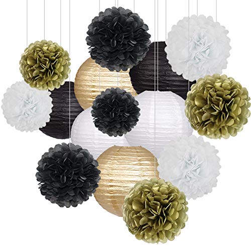 Black Gold Party Decorations Black Gold Paper Lanterns and Pom Poms Flowers for Birthday Party Graduation Masquerade New Years Party Decor 15PCS 0 belly baby and beyond