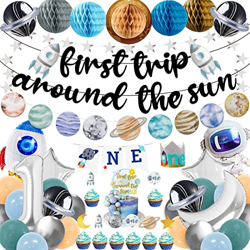 First Trip Around The Sun Birthday Party Decoration Pack 1st Baby Shower Birthday Party Supplies Including Banner Star Garland High Chair ONE Banner Cake Toppers Latex and Foil Balloons Felt Hat 0 belly baby and beyond