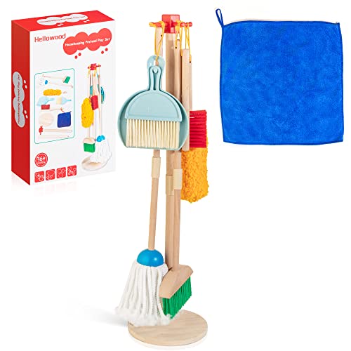 HELLOWOOD Kids Cleaning Set 8pcs Housekeeping Play Set Includes Broom Mop Duster Dustpan Brushes Rag and Organizing Stand Cleaning Toys Gift for Toddlers Girls Boys Age 3 6 Solid Beech Wood 0 belly baby and beyond