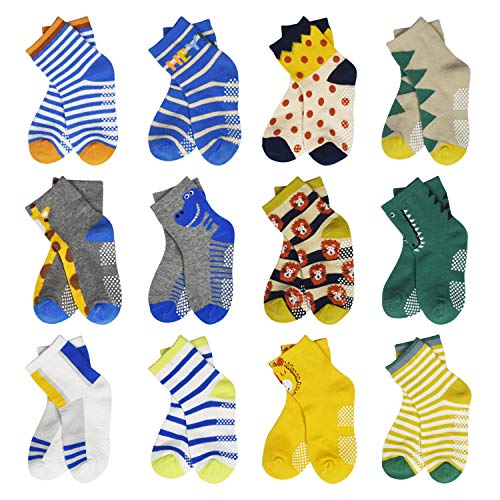 HYCLES Toddler Socks With Grip Non Skid 12 Pairs Baby Kids Sticky Slipper Cotton Crew Socks 1 33 55 7T ChildrenBoyGirl 0 belly baby and beyond