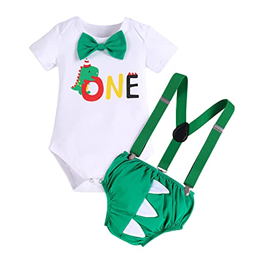 IMEKIS Baby Boys Dinosaur 1st Birthday Outfit Cake Smash Bowtie Romper Shorts Suspenders 3PCS Clothes Set for Photo Shoot 0 belly baby and beyond