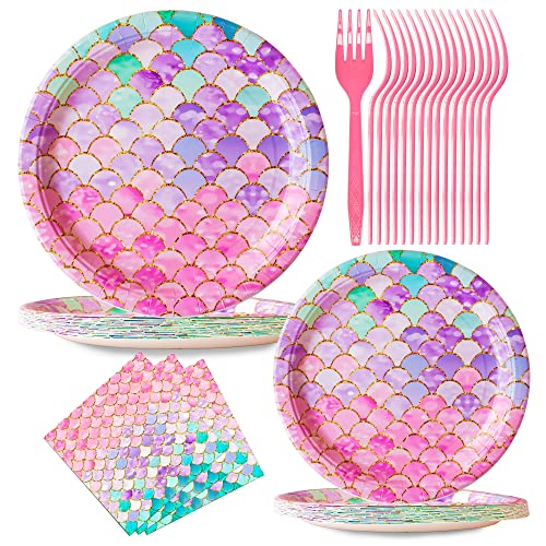 JESTAR 96 Pcs Mermaid Party Decorations Mermaid Birthday Party Supplies Plates and Napkins Sets Ocean Theme Dessert Plates Napkins for Girls Baby Shower Mermaids Birthday Party Serves 24 0 belly baby and beyond