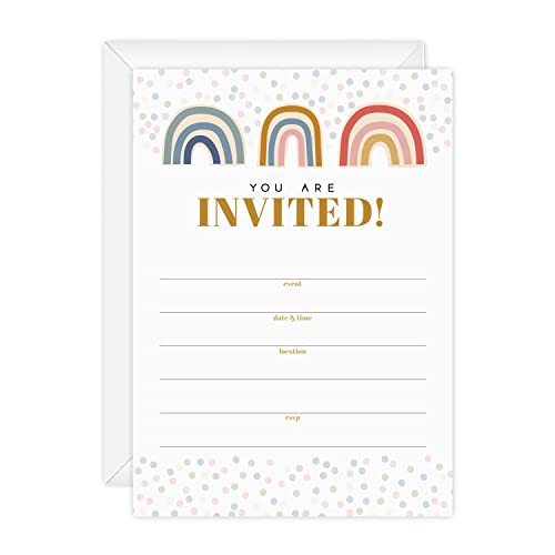 Modern Rainbow Fill In Invites 25 Invitation Cards With White Envelopes 5 x 7 Flat Gender Neutral Birthday Party InvitationsPastel Boho Baby Shower InvitesMade In The USA 0 belly baby and beyond