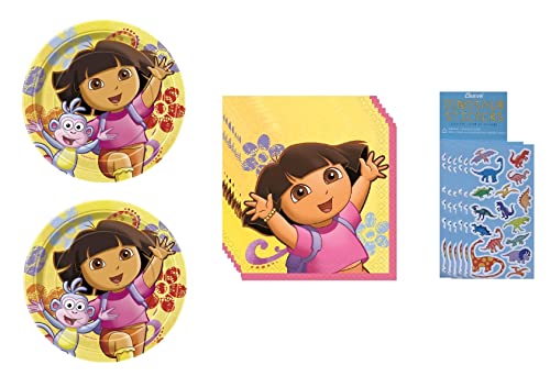 Unique Industries Inc Dora the Explorer Birthday Party Supplies Bundle for 16 includes 16 Dessert Cake Plates 16 Beverage Cake Napkins 8 Sticker Sheets 0 belly baby and beyond