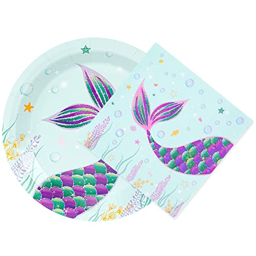 WERNNSAI Mermaid Plates and Napkins Set Serves 50 Guests 100 PCS Mermaid Party Supplies Disposable Paper Dinner Tableware for Birthday Baby Shower Pool Beach Picnic Park Party 0 belly baby and beyond