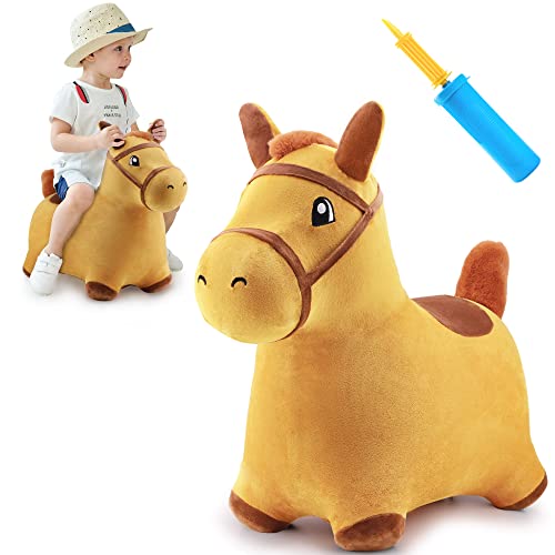 iPlay iLearn Bouncy Pals Yellow Hopping Horse Outdoor Ride on Bouncy Animal Play Toys Inflatable Hopper Plush Covered WPump Birthday Gift for 18 Months 2 3 4 5 Year Old Kids Toddlers Boys Girls 0 belly baby and beyond