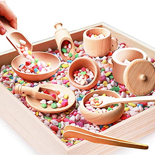 12 Pcs Wooden Sensory Bin Tools 1 Wooden Box 11 Sensory Tools for Toddlers Preschool Children Montessori Sensory Wooden Toys Fine Motor Learning Pretend Play for Kids 0 belly baby and beyond