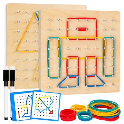 2Pack Wooden GeoboardMontessori ToyGraphical Mathematical Education Toy for Kids with Pattern Cards and Rubber Bands to Figures and Shapes Brain Teaser STEM Toy Geo Board 0 belly baby and beyond