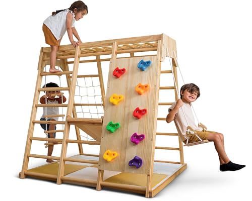 Avenlur Magnolia Indoor Playground 6 in 1 Jungle Gym Montessori Waldorf Style Wooden Climber Playset Slide Rock Climbing Wall Rope Wall Climber Monkey Bars Swing for Toddlers Children Kids 2 6yrs 0 belly baby and beyond