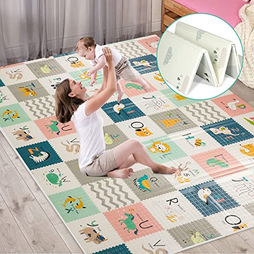 Baby Play Mat 79x71inch Extra Large Folding Baby Crawling Mat Waterproof Reversible Playmat Foam Non Toxic Anti Slip Portable Kids Play Mat for Infant Toddler 0 belly baby and beyond