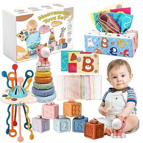 FEBALHS Montessori Baby Toys for 6 Month Old 4 in 1 Montessori Toys 6 to 12 months with Baby Stacking Toys Baby Sensory Toys for 1 Year Old Boy Girl Infant Toddler Toys Gifts Birthday Gifts 0 belly baby and beyond