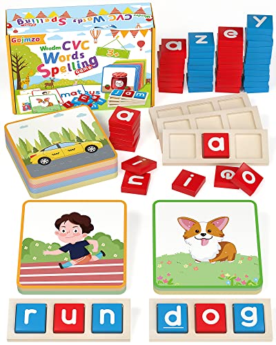 Gojmzo Wooden CVC Word Spelling Games Preschool Kindergarten Learning Activities Montessori Educational Toys Gifts for 3 4 5 6 Year Old Kids Sight Words Flash Cards Reading Letters for Toddlers 0 belly baby and beyond