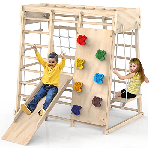 Indoor Jungle Gym Toddler Climbing Toys Indoor Indoor Playground Climbing Toys for Toddlers Climber Playset with Slide Climbing RockNet Monkey Bars Drawing Board Abacus Game and Swing 0 belly baby and beyond