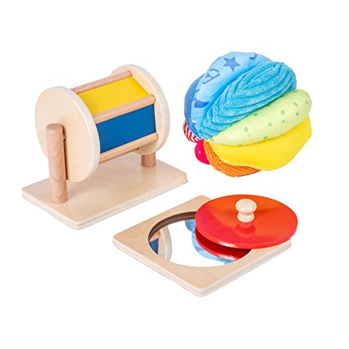 Montessori Baby Toys Play Kit Montessori Mirror Peekaboo Knob Puzzle Medium Spinning Drum and Rainbow Fabric Ball Kit Toys for 6 12Months Toddlers Play Kit 1 0 belly baby and beyond