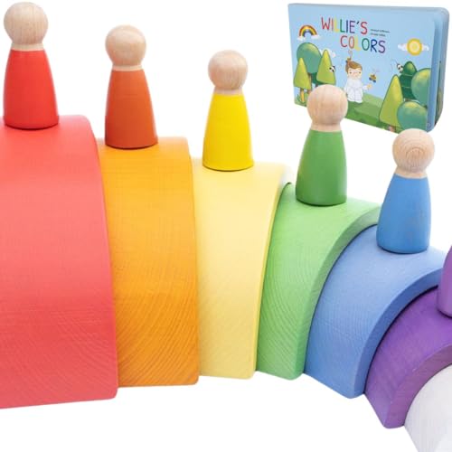 Montessori Nesting Rainbow Toy Open Ended Wooden Stacking Set with Arches Peg Dolls Story Book for Emotional Intelligence Creative Play Ages 3 16 pcs Premium Quality Tiger Wood 0 belly baby and beyond