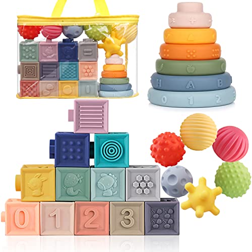 Montessori Toys Soft Stacking Building Blocks Rings Balls Sets 3 in 1 Baby Toys Bundle for Babies 6 12 Months Sensory Toys for Toddlers 1 3 Teething Bath Toys for Infants Learning Toy 0 belly baby and beyond