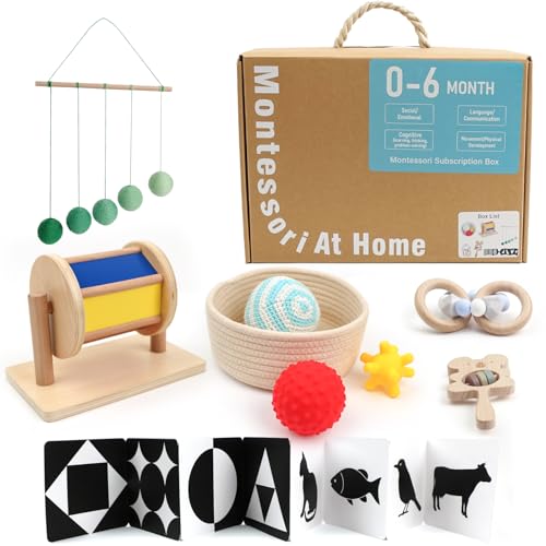 Montessori Toys for Babies 0 6 Months 6 in 1 Learning Educational Set Toys includes Wood Koala Rattle Spinning Drum Foldable Black White CardsMobile Ball TeetherBasket with Balls 0 belly baby and beyond