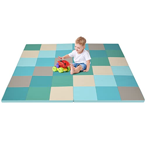 OLAKIDS Baby Foam Play Mat Foldable 58 x 58 Toddler Collapsible Crawl Floor Mat Waterproof Soft Thick Patchwork Play Mat for Kids Gym Nursery Playroom Blue 0 belly baby and beyond