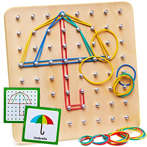 Panda Brothers Wooden Geoboard Montessori Toys for 3 4 5 Year Old Kids and Toddlers Educational Toy with 30 Pattern Cards and 40 Rubber Bands to Create Figures Brain Teaser STEM Toy Geo Board 0 belly baby and beyond