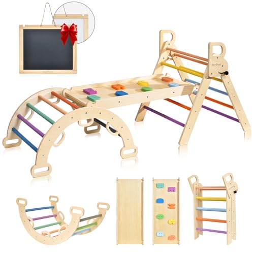 Pikler Triangle Set Rainbow Pikler Climbing Set for Toddlers Foldable Baby Climbing Toys Wooden Montessori Climbing Set for 2 6 Years Old Indoor Playground Jungle Gym for Kids 0 belly baby and beyond