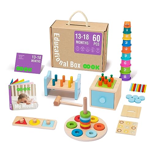 TOOKYLAND Montessori Toys for 1 Year Old 8 in 1 Learning Educational Set Wooden Toys includes Stacking Cups 3 in 1 Educational Box Pound Bench Shape Puzzle and More 0 belly baby and beyond