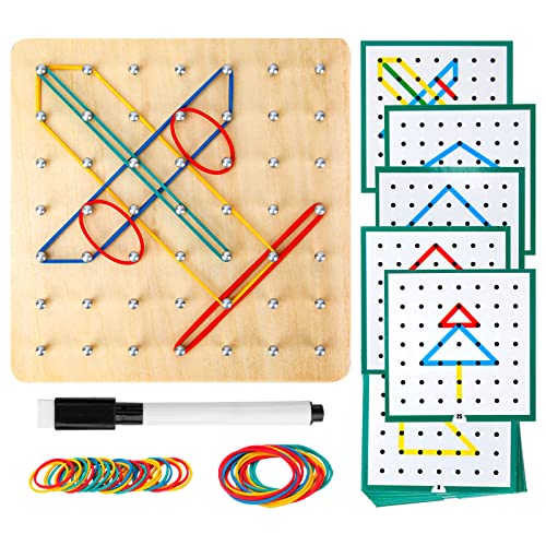 Wooden GeoboardMontessori ToyGraphical Mathematical Education Toy for Kids with Pattern Cards and Rubber Bands to Figures and Shapes Brain Teaser STEM Toy Geo Board 6 6 06 in 0 belly baby and beyond