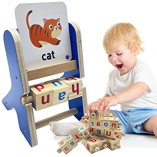 Wooden Reading Blocks Short Vowel Rods Spelling Games CVC Sight Words Game Montessori Preschool Educational Toys Flash Cards Turning Rotating Letter Puzzle for 3 4 5 Year Old Kids 0 belly baby and beyond