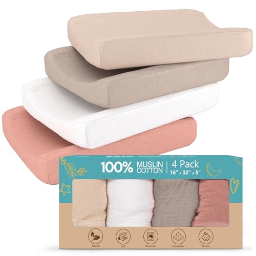 100 Muslin Changing Pad Cover Pack of 4 32x16 Ultra Soft 120GSM Baby Changing Pad Covers for Girls and Boys Easy wash Diaper Changing pad Cover with Low Shrinkage 0 belly baby and beyond