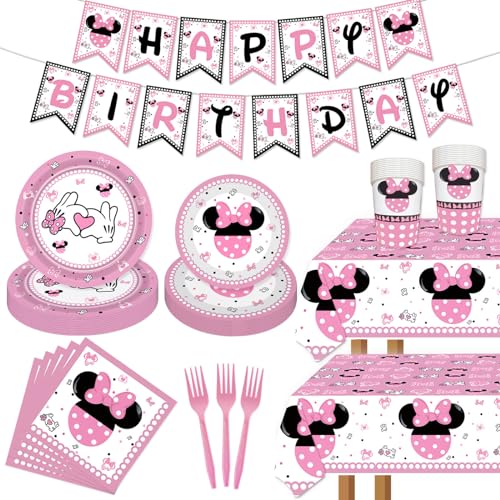 117pcs Pink Mouse Party Plates Mouse Plates Napkins Forks Tablecloth Cups Birthday Banner for Minnie Theme Girl 1st 2nd 3rd 4th 5th Birthday Party Decorations Supplies 20 Guests 0 belly baby and beyond