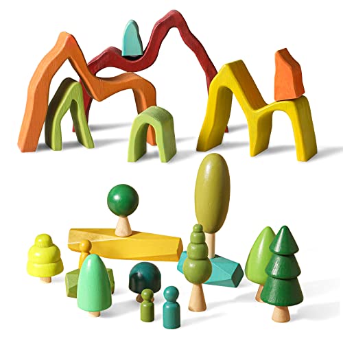 14 Pieces of Wooden Tree Toy Set with Wood Rainbow Stacker Toys for Kids Wooden Mini Trees Toys for Home Decor Cake Topper Montessori Toys 0 belly baby and beyond