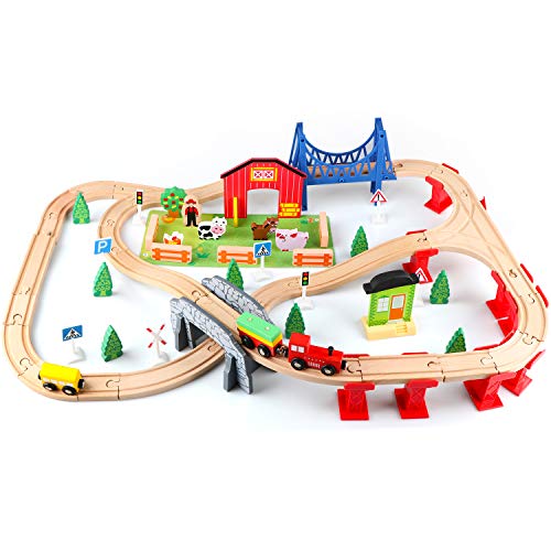 82PCS Wooden Train Tracks Set Wooden Train Set and Train Toys for Kids Toddler Boys and Girls 345 Years Old and Up Expandable Train Toys Railroad Set for all ribbon train track sets 0 belly baby and beyond