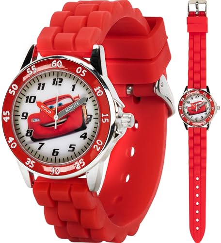 Accutime Cars Kids Analog Watch with Silver Tone Casing Red Bezel Red Strap Official Cars Lightning McQueen Character on The Dial Time Teacher Watch Safe for Children Model CZ1009 0 belly baby and beyond