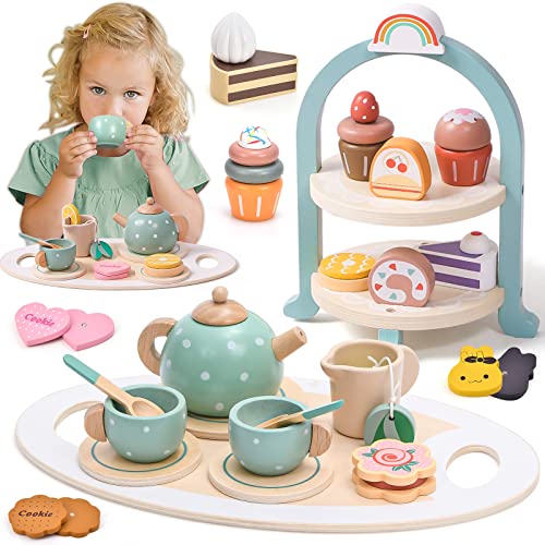 Atoylink Wooden Tea Party Set for Little Girls 28 Pcs Toddler Tea Set with Cupcake Stand Food Pretend Play Accessories Kids Kitchen Playset Wooden Toys for 2 3 4 5 6 Year Old Girl Birthday Gift 0 belly baby and beyond