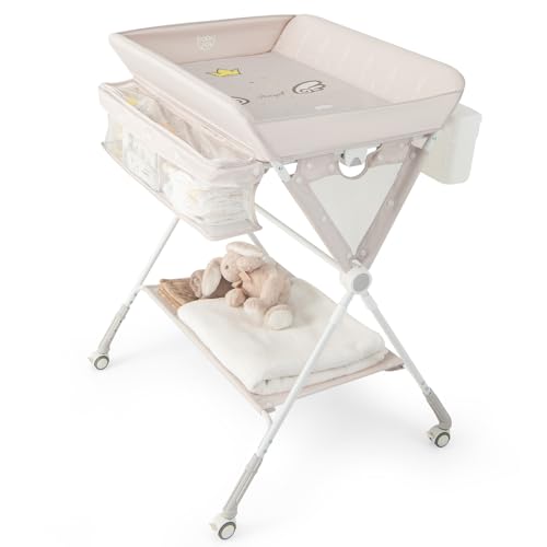 BABY JOY Portable Baby Changing Table Foldable Diaper Changing Station with Wheels Adjustable Height Large Storage Rack Trash Can Mobile Nursery Organizer for Newborn Infant Beige 0 belly baby and beyond