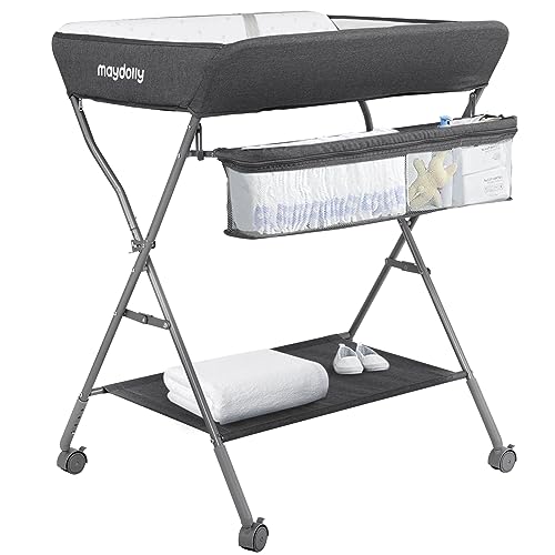 Baby Changing Table with Wheels Maydolly Portable Adjustable Height Folding Diaper Station with Nursery Organizer Storage Rack for Newborn Baby and Infant Dark Grey 0 belly baby and beyond