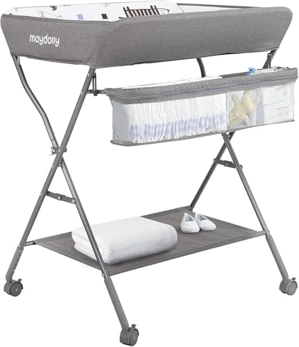 Baby Changing Table with Wheels Maydolly Portable Adjustable Height Folding Diaper Station with Nursery Organizer Storage Rack for Newborn Baby and Infant Light Grey 0 belly baby and beyond