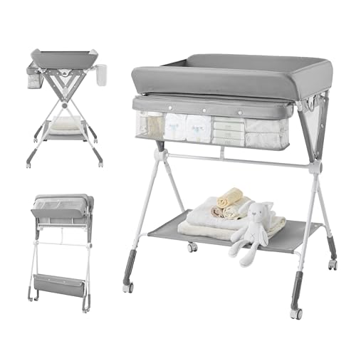 Baby Portable Diaper Changing Table Foldable Changing Table for Baby with Wheels Baby Diaper Changing Station with 3 Level Adjustable Height Portable Changing Table with Large Organizers 0 belly baby and beyond