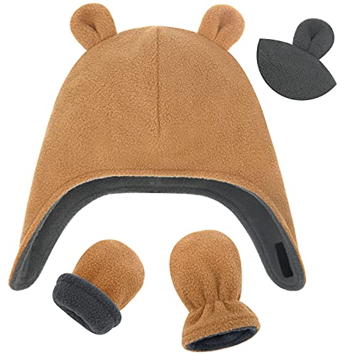 Baby Winter Hat and Mitten Set Reversible Toddler Winter Hat with Bear Ears Warm Fleece Newborn Winter Hat Infant Beanie 0 belly baby and beyond