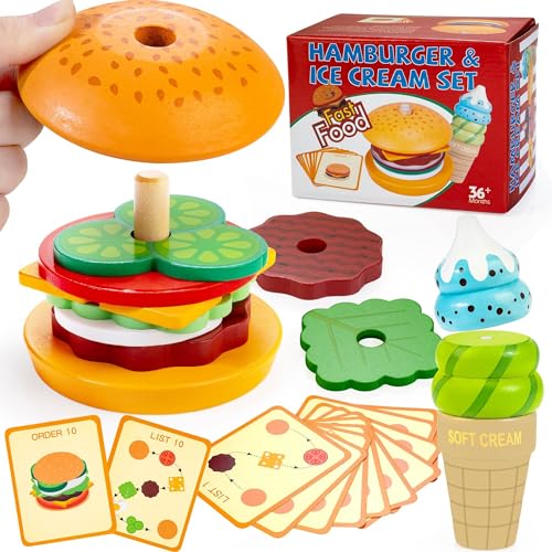 Bravmate Wooden Montessori Toys for 1 2 3 Years Old Kids Realistic Burger Ice Cream Toy Stacking Pretend Play for Little Chef Preschool Play Fake Food Games Educational Fine Motor Skills Toys 0 belly baby and beyond