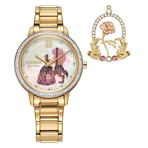 Citizen Womens Eco Drive Disney Princess Belle Crystal Watch and Pin Gift Set in Gold tone Stainless Steel Beauty and The Beast Mother of Pearl Dial Model FE7048 51D 0 belly baby and beyond